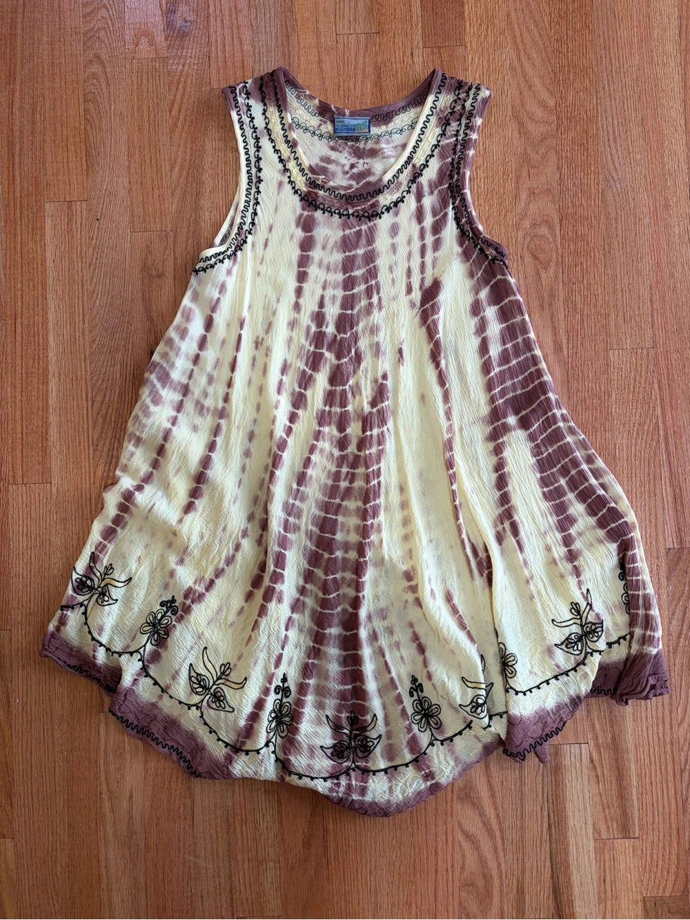 Vintage Tie Dye Dress Boho Sleeveless Embroidered Dress - One Size Fits Most